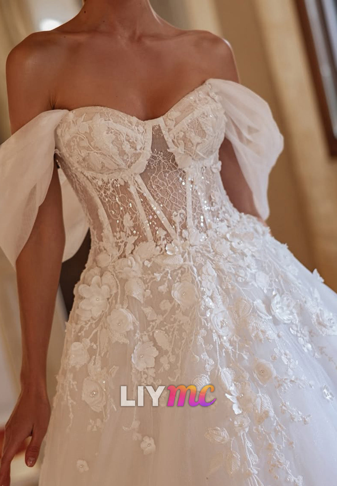 Floral Applique Corset Ball Gown Wedding Dress