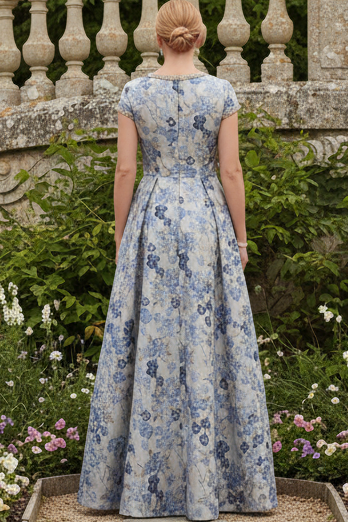 Beaded Floral Jacquard A-Line Evening Gown