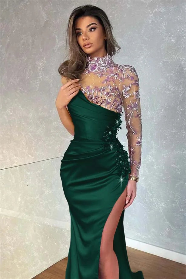 Dark Purple Split Appliques Mermaid High Collar Evening Dress With Beadings