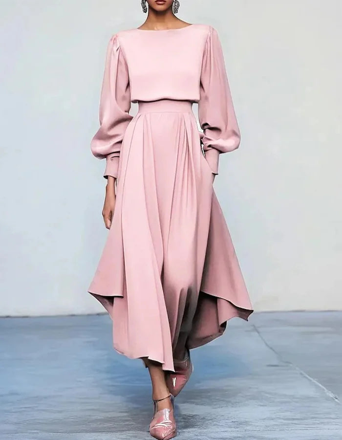 Round Neck Long Sleeves Solid Color Midi Dress