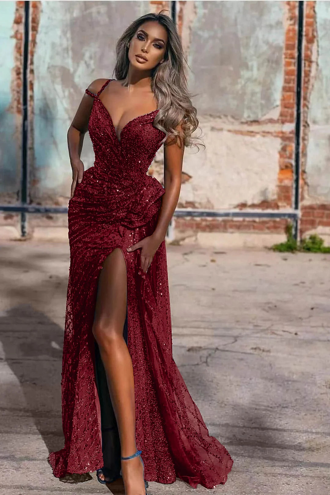 Off-The-Shoulder Sequins Evening Dress Split Mermaid
