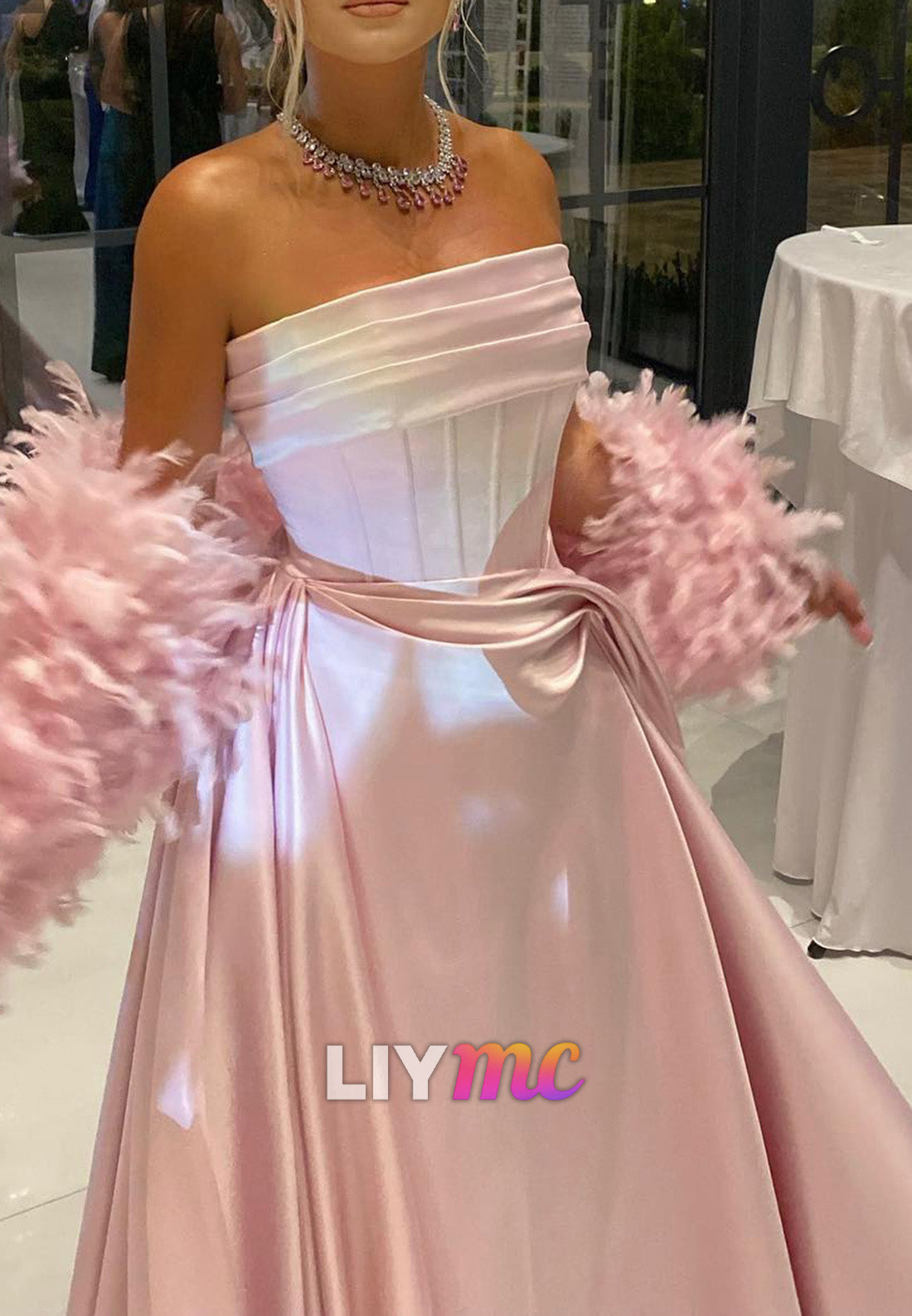 Straight Across Sleeveless Feathered Pleated A-Line Pink Evening Dress
