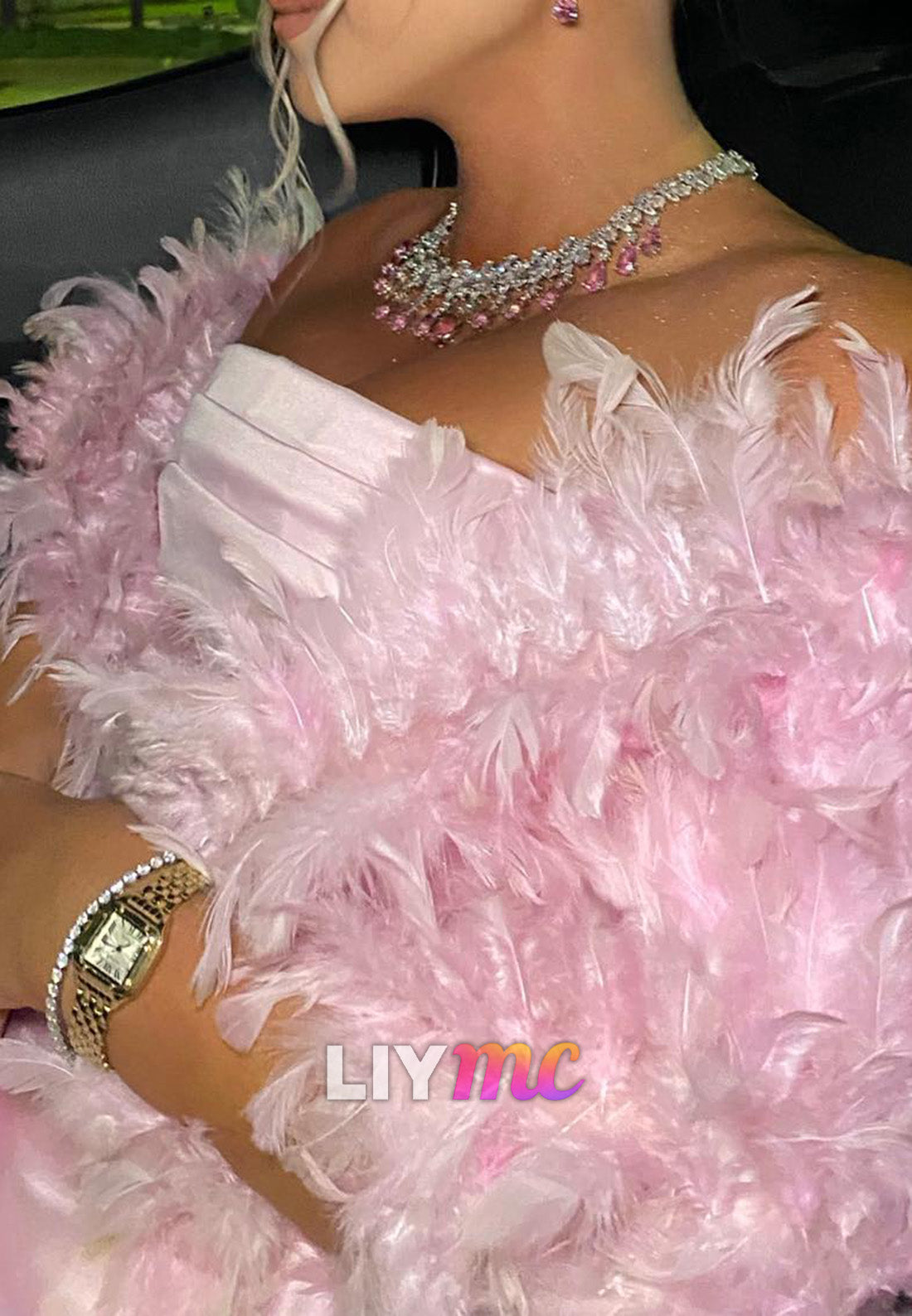 Straight Across Sleeveless Feathered Pleated A-Line Pink Evening Dress