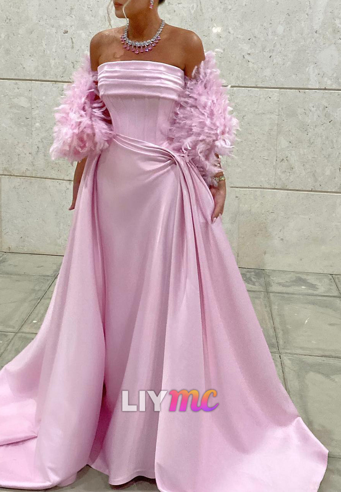 Straight Across Sleeveless Feathered Pleated A-Line Pink Evening Dress