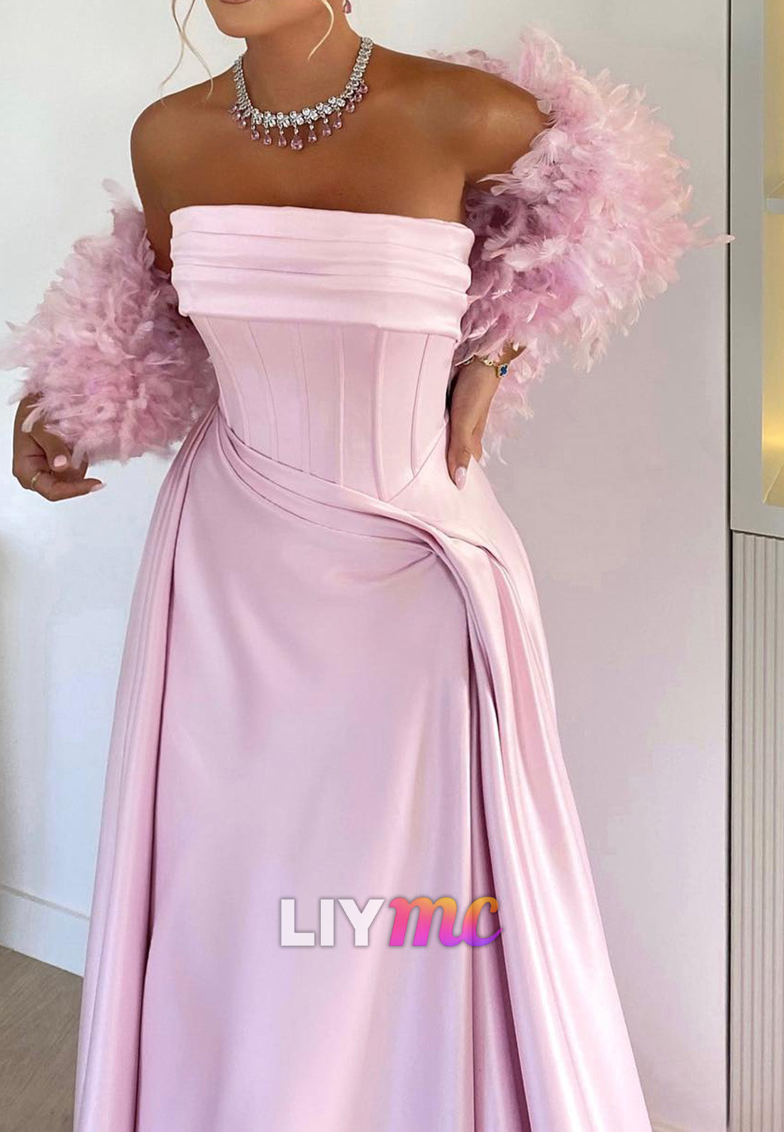 Straight Across Sleeveless Feathered Pleated A-Line Pink Evening Dress