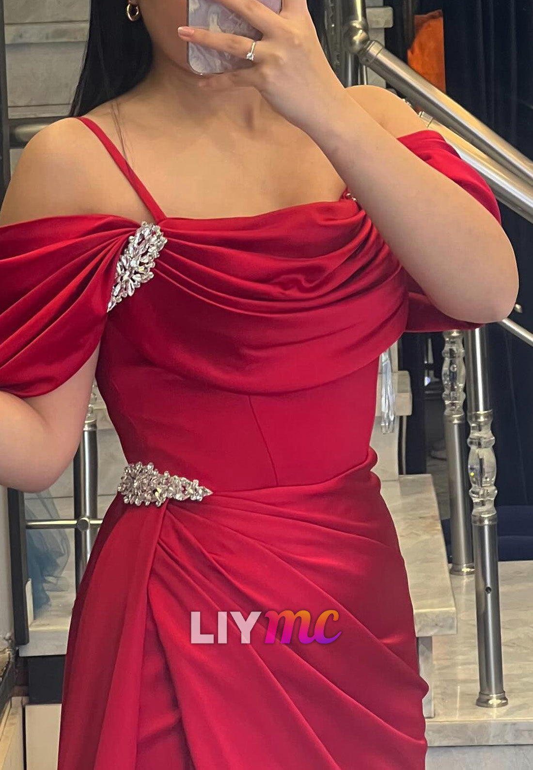 Off-Shoulder Spaghetti Straps Beaded Evening Dress Sheath Prom Dress