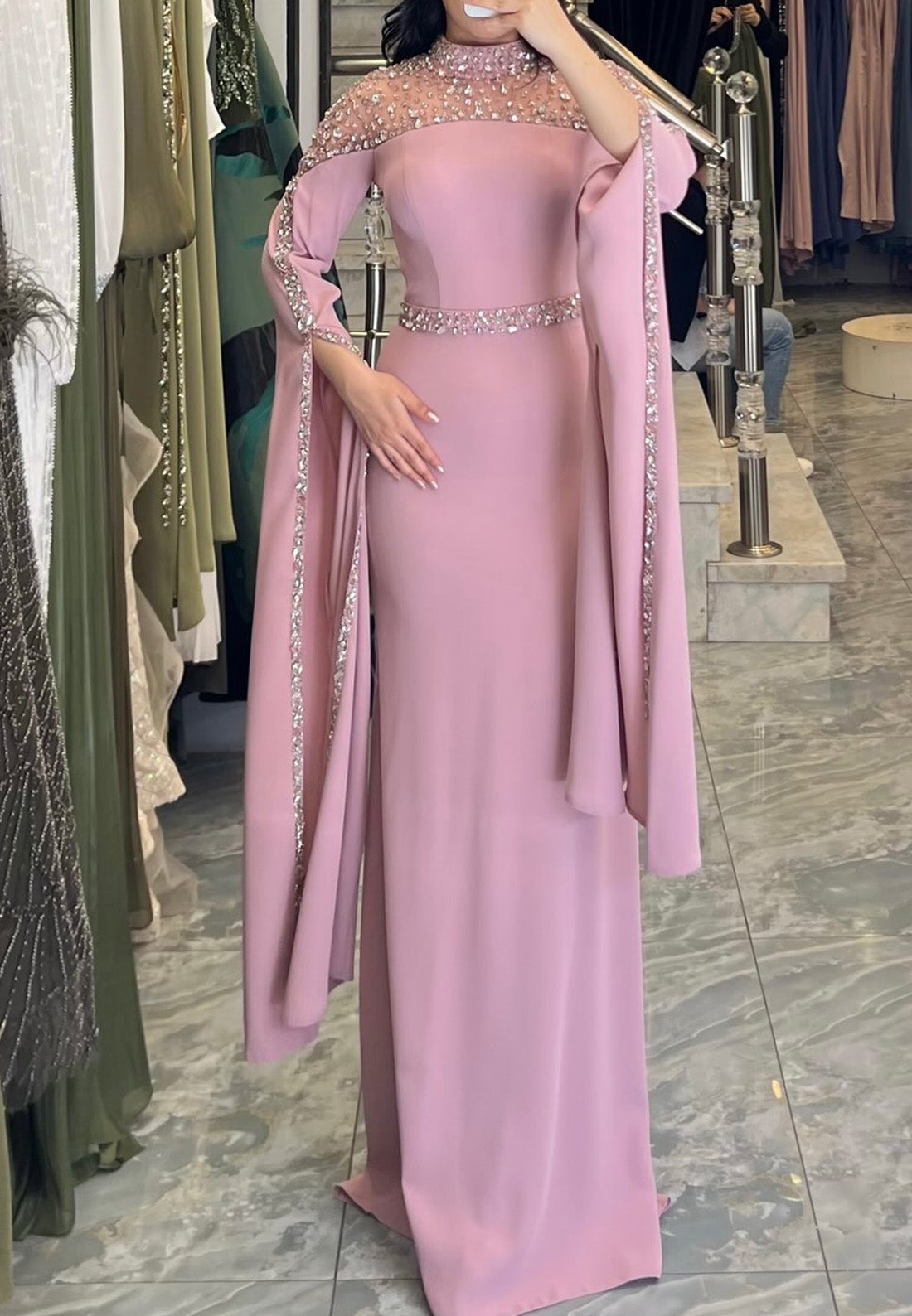 High Neck Long Sleeves Beaded Sleek Sheath Formal Dress