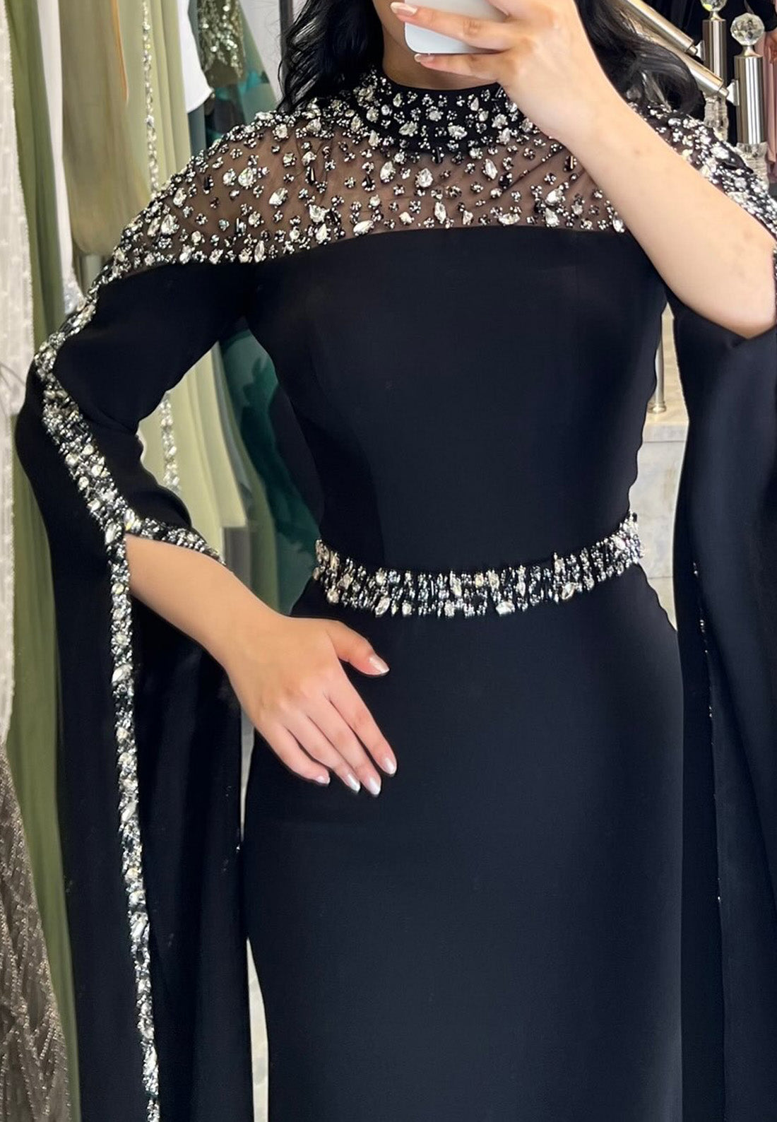 High Neck Long Sleeves Beaded Sleek Sheath Formal Dress