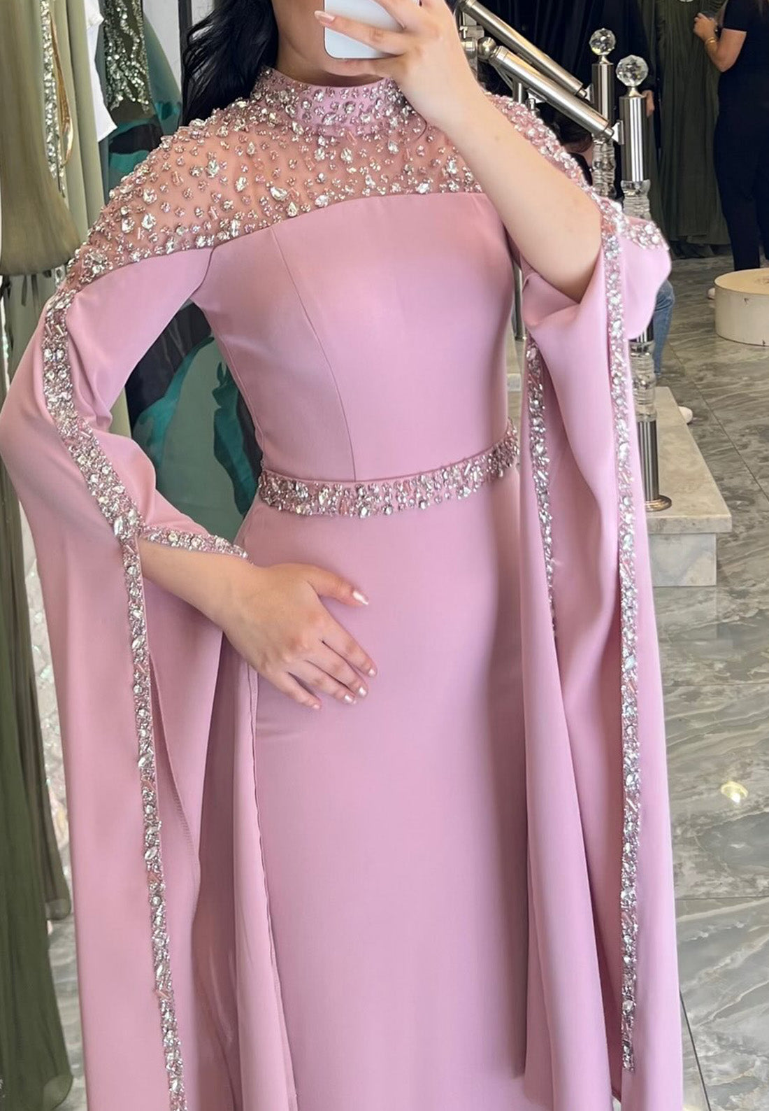 High Neck Long Sleeves Beaded Sleek Sheath Formal Dress