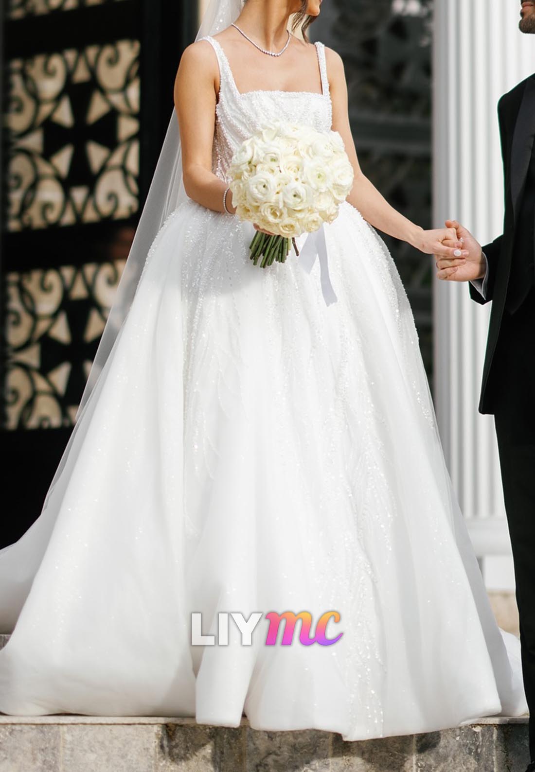Square Beaded Embroidery Ball Gown Wedding Dress