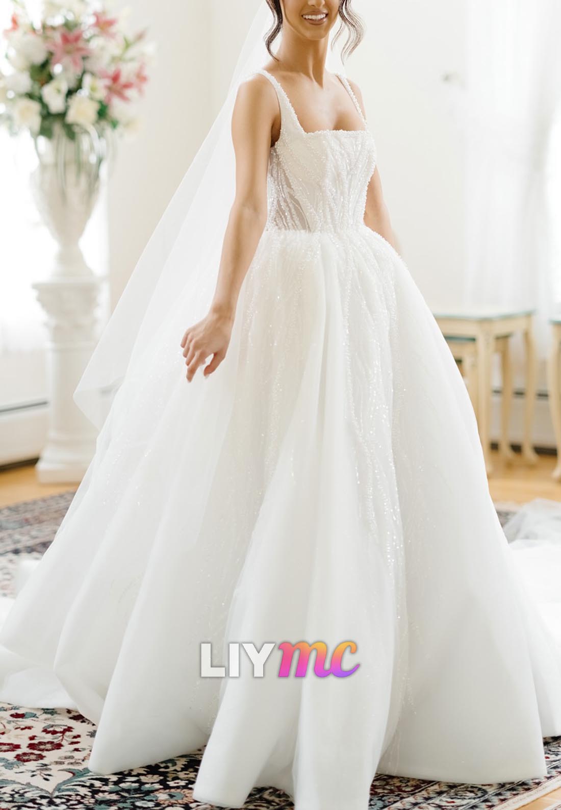 Square Beaded Embroidery Ball Gown Wedding Dress