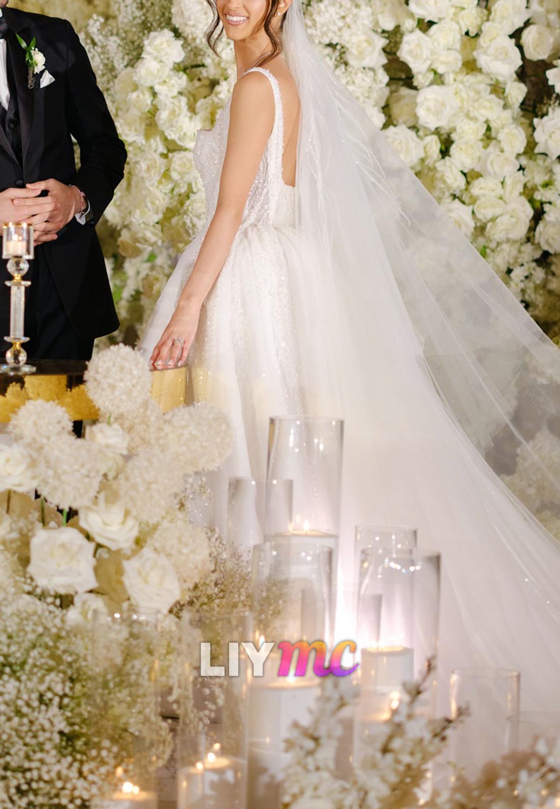 Square Beaded Embroidery Ball Gown Wedding Dress
