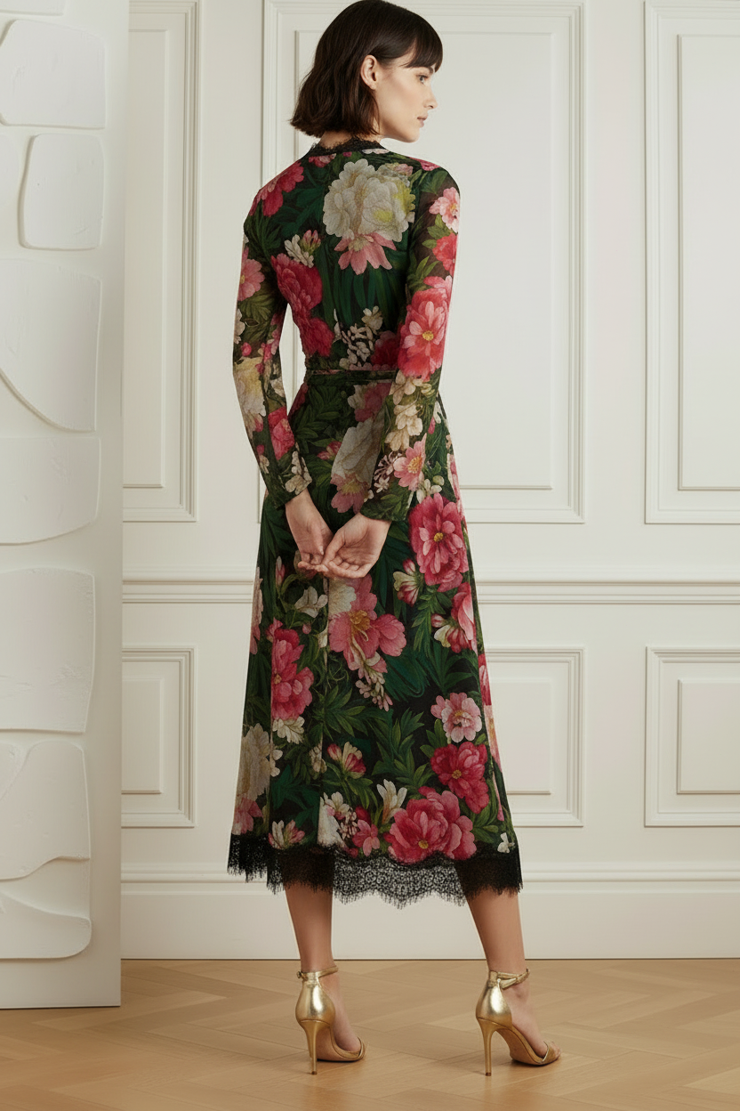 V-Neck Cocktail Dress A-Line Floral-Printed Dress