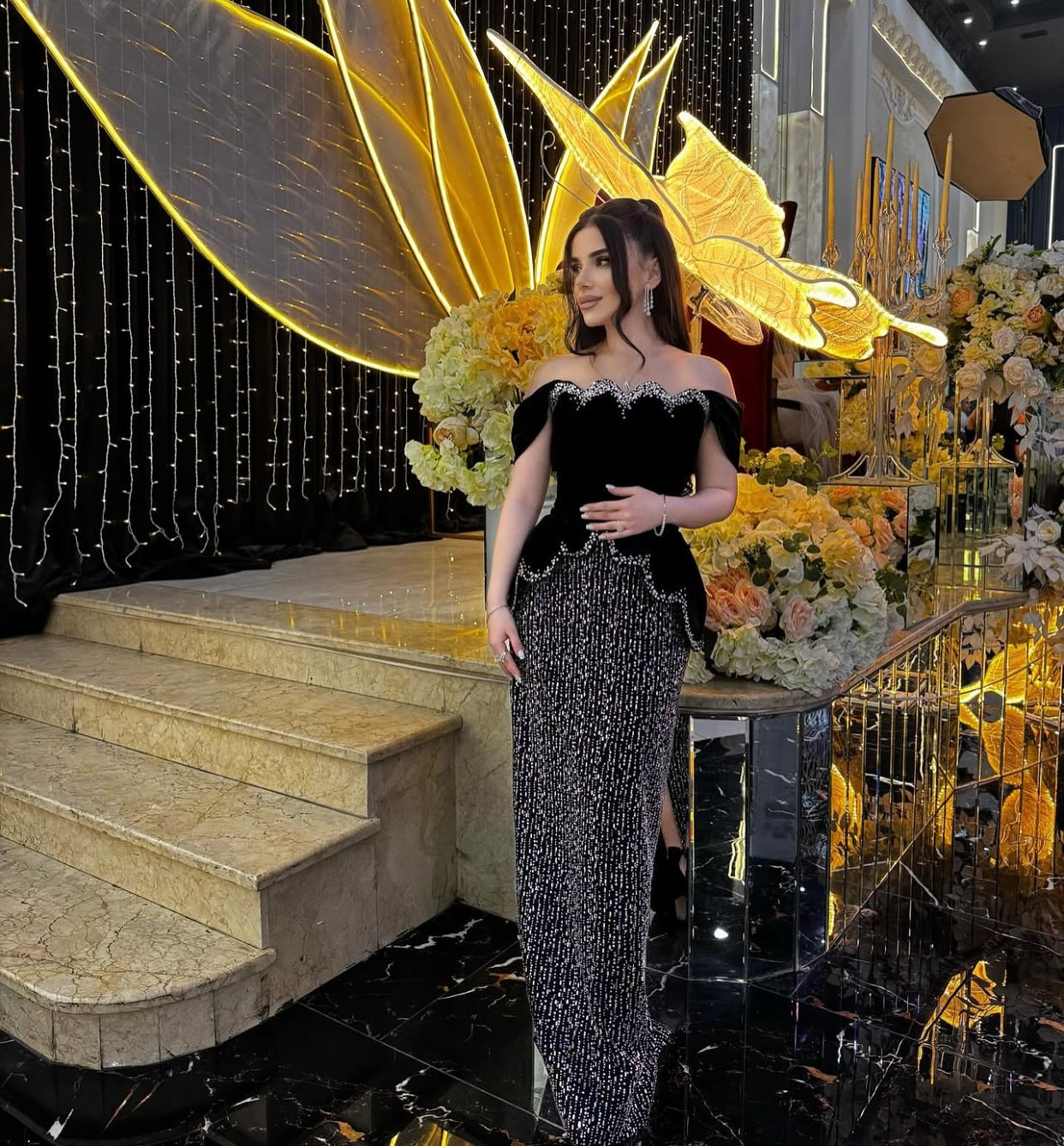 Off-Shoulder Beaded Sequins Sparkly Sheath Evening Dress