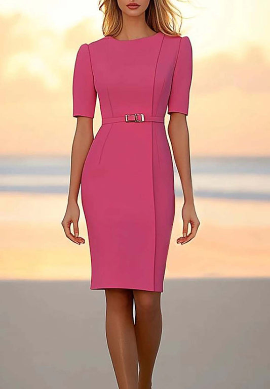 Work Semi-Formal Dress Pink Half Sleeve Round Neck Knee-Length Dress