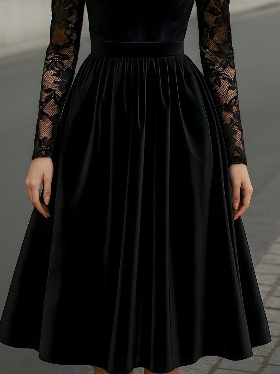Velvet Midi Dress With Floral Lace Sleeves