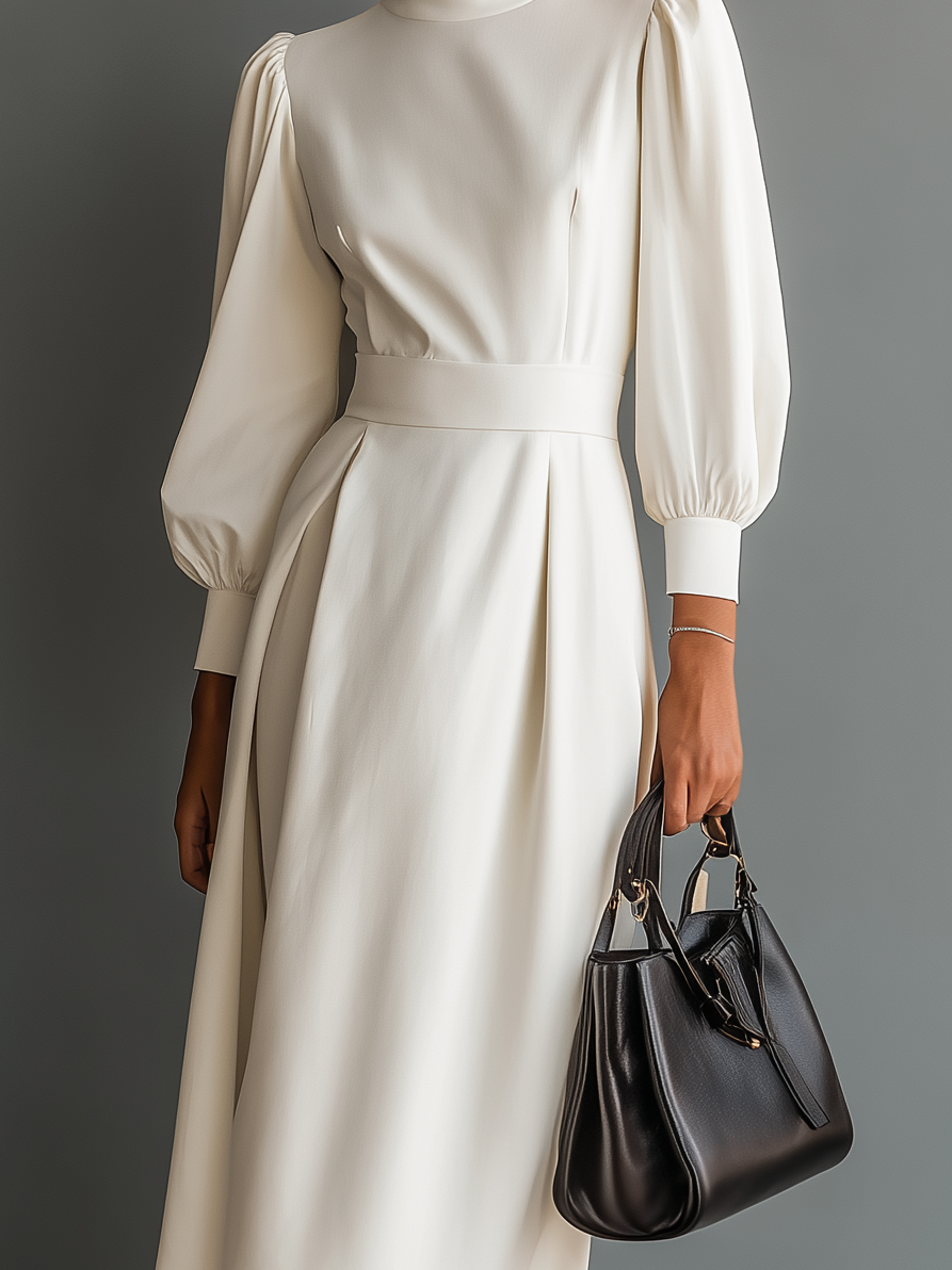 Women's Elegant White Slightly Stretchy Knit Round Neck Long Sleeve Slim Fit Midi Dress