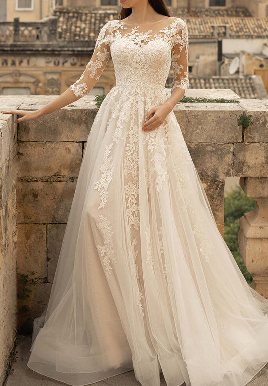 Scoop Long Sleeves Appliques Pleated A-Line Wedding Dress