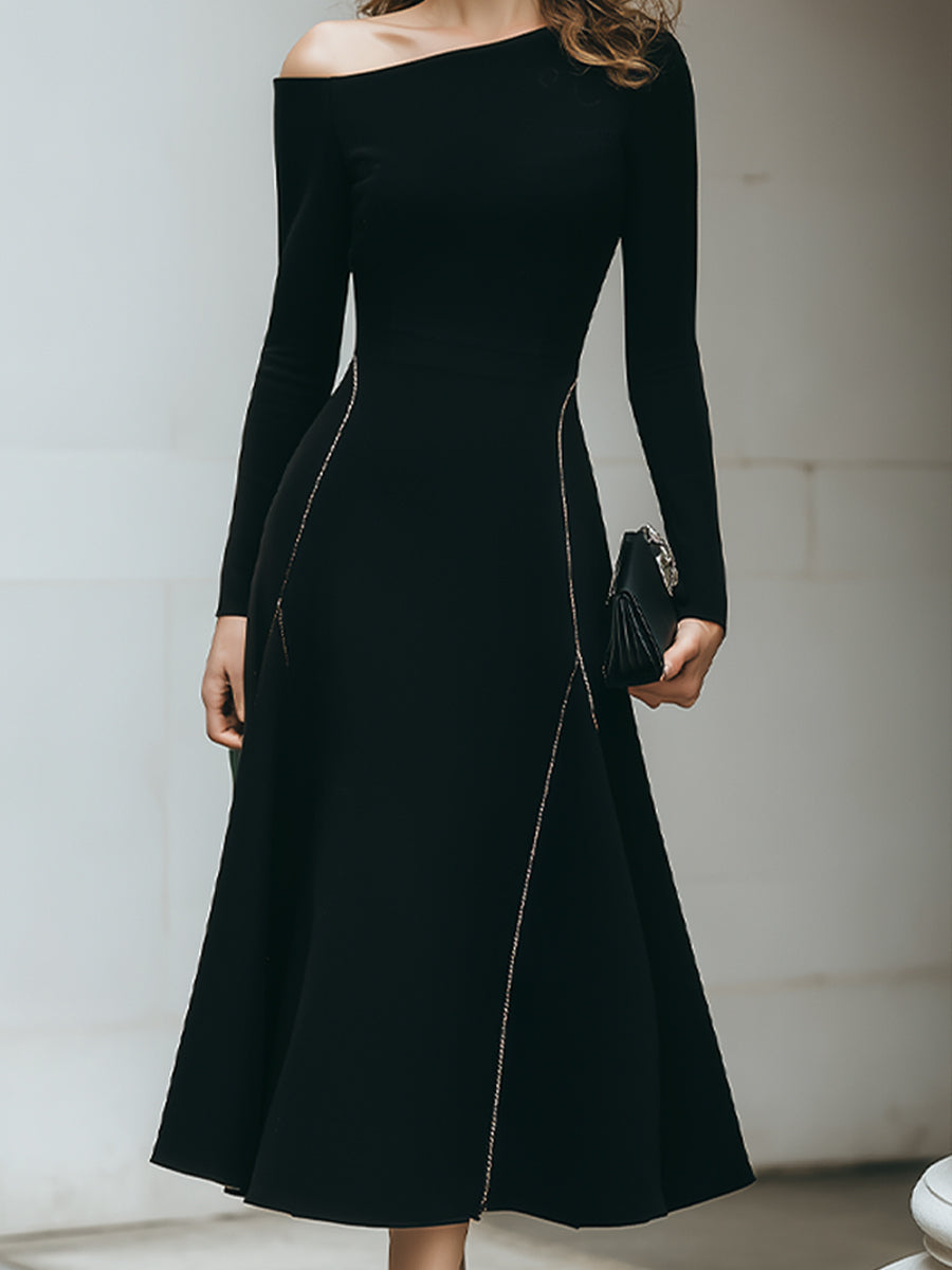 Black Off-Shoulder Midi Dress With Side Zipper Detail