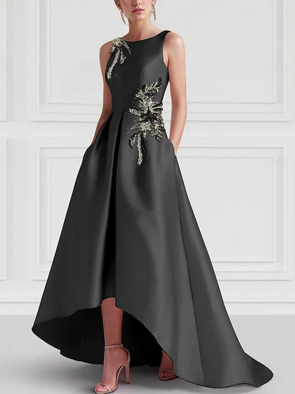 Elegant Black Satin High-Low Gown with Beaded Appliqué