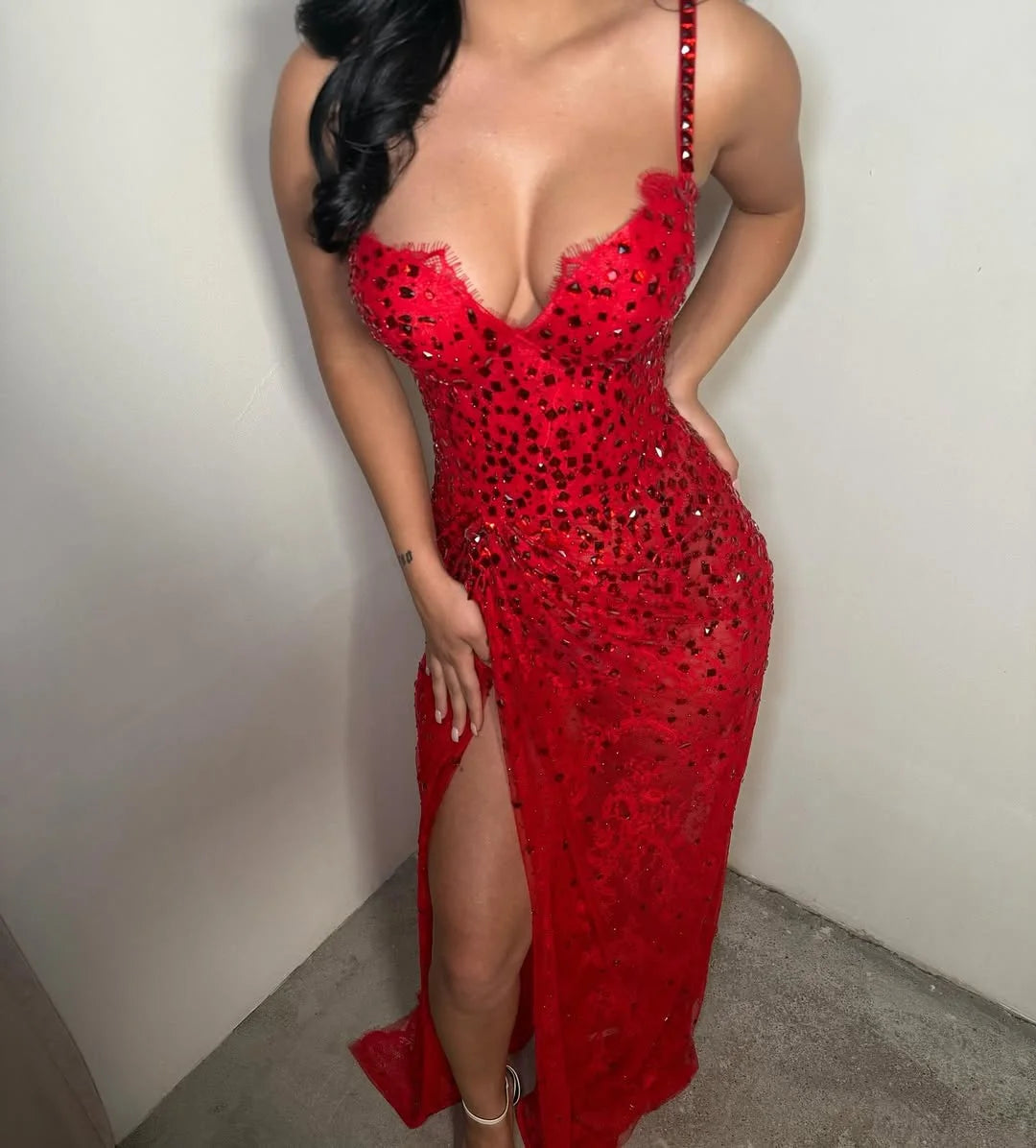 Romantic Red Rhinestone Spaghetti-Straps Split Prom Dress