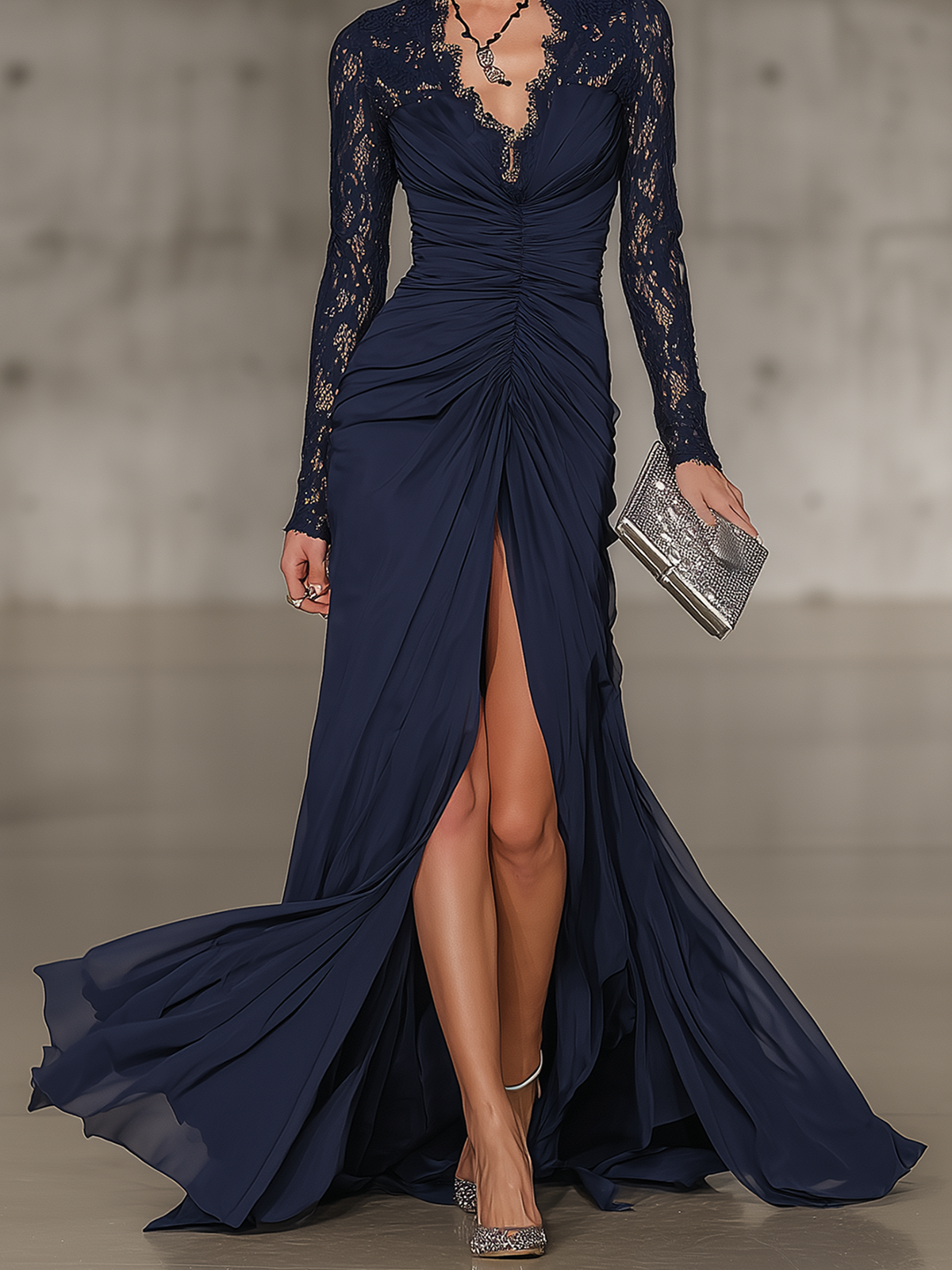 Navy Blue Lace Chiffon Maxi Dress