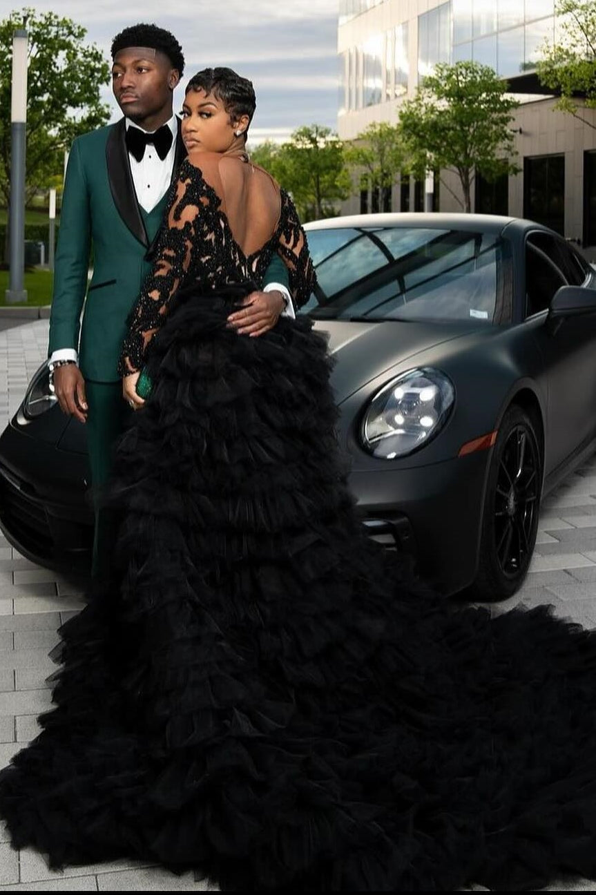 Chic Black Long Sleeves Tiered Open Back Side Slit Prom Dress