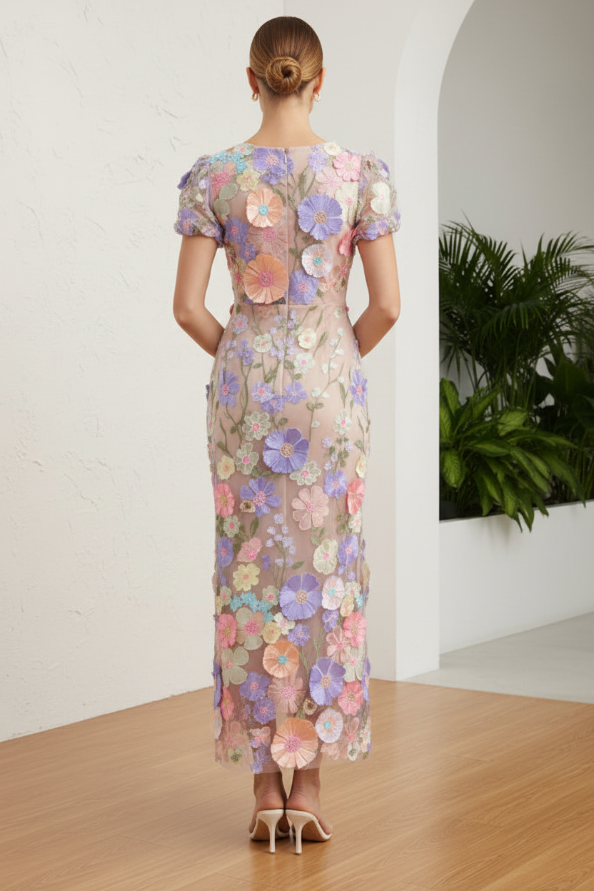 Scoop 3D Floral Appliques Sheath Wedding Guest Dress