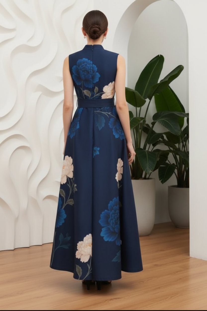 High Neck Floral Printed Mother of Bride Dress