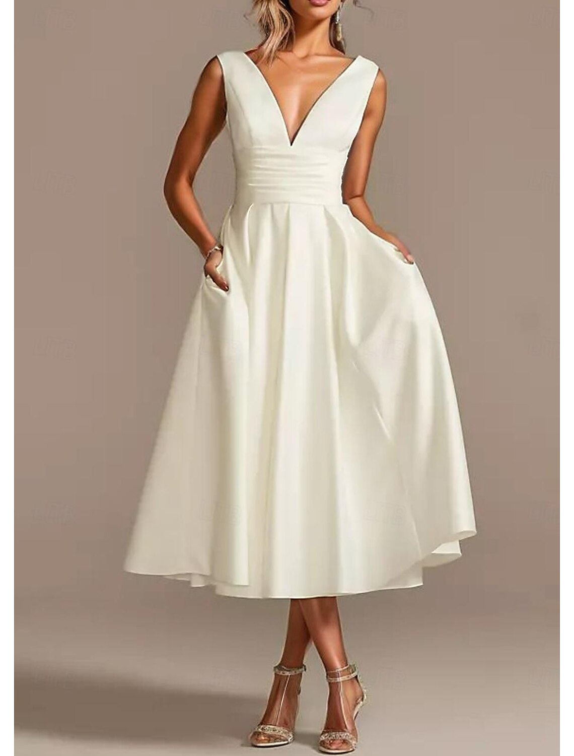 a line v neck tea length dress Sequin Ruched Floral Lace V-Neck A-Line Wedding Dress