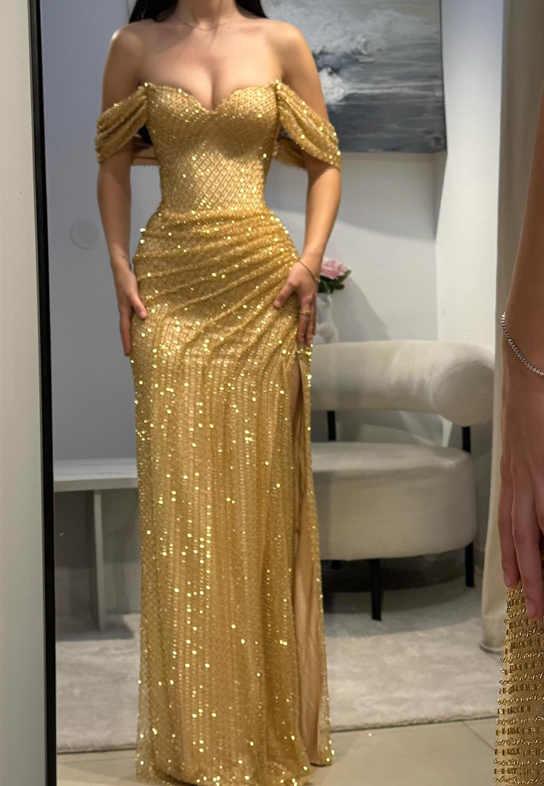 Off-Shoulder Strapless Beaded Sparkly Sheath Prom Dress