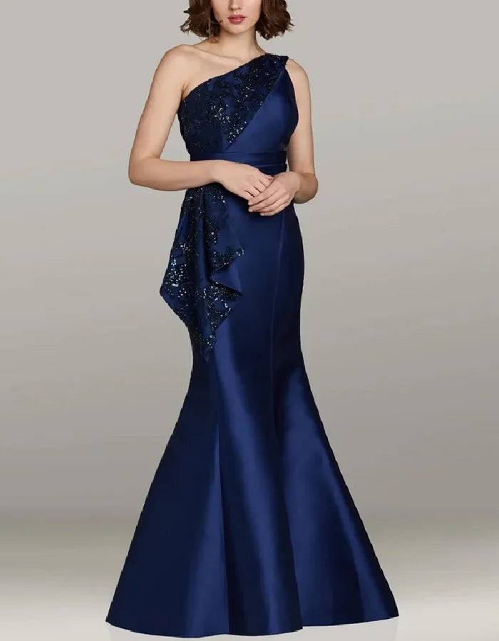 Elegant Navy Satin Mermaid Gown with One-Shoulder Sequin Appliqué