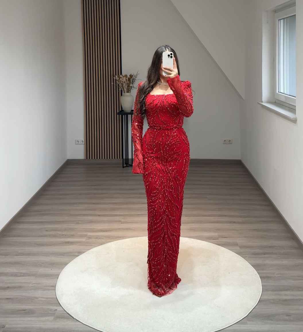 Square Long Sleeves Beaded Embroidery Sheath Evening Dress