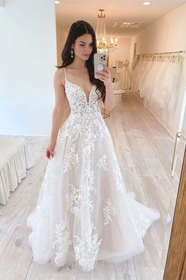 Tulle Lace Spaghetti-Straps Wedding Dress A Line