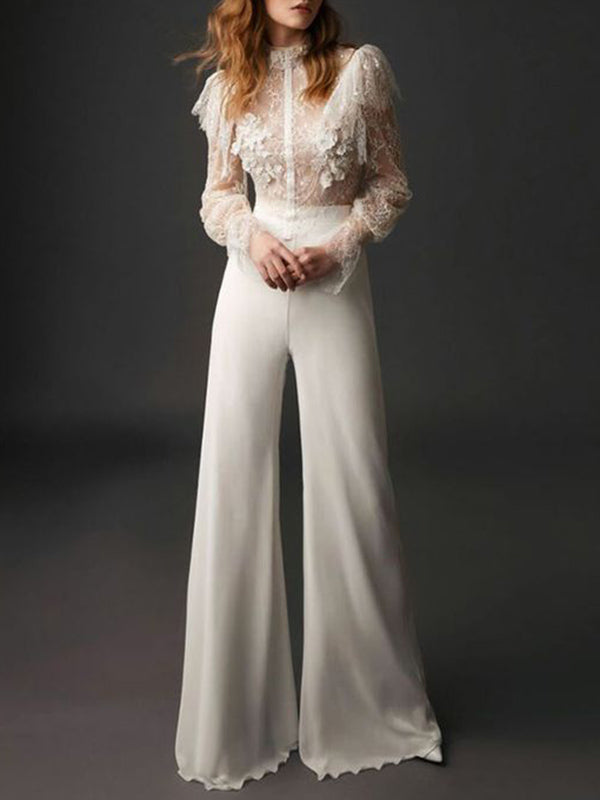 Round-Neck Lace Long Sleeve Applique Empire Wide Leg Jumpsuit