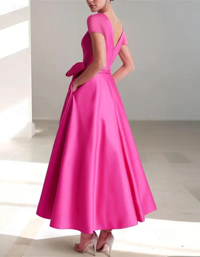 V-neck Solid Color Short Sleeves With Big Bow Midi Dress