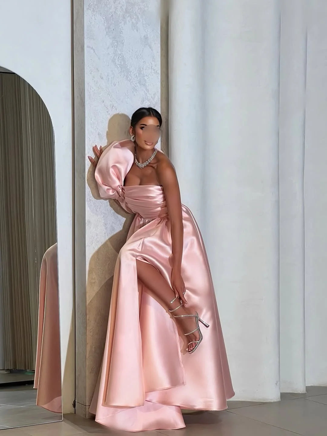 Gorgeous Pink Pleated One Shoulder Split Satin Prom Dress
