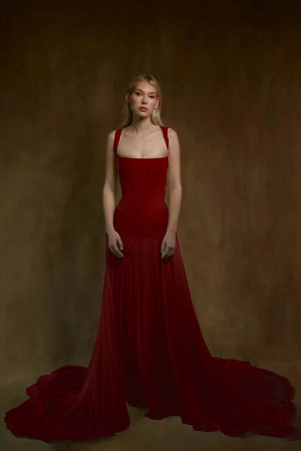 Simple ChiffonSquare Neck Sleeveless Long Prom Dress With Pleated And Train