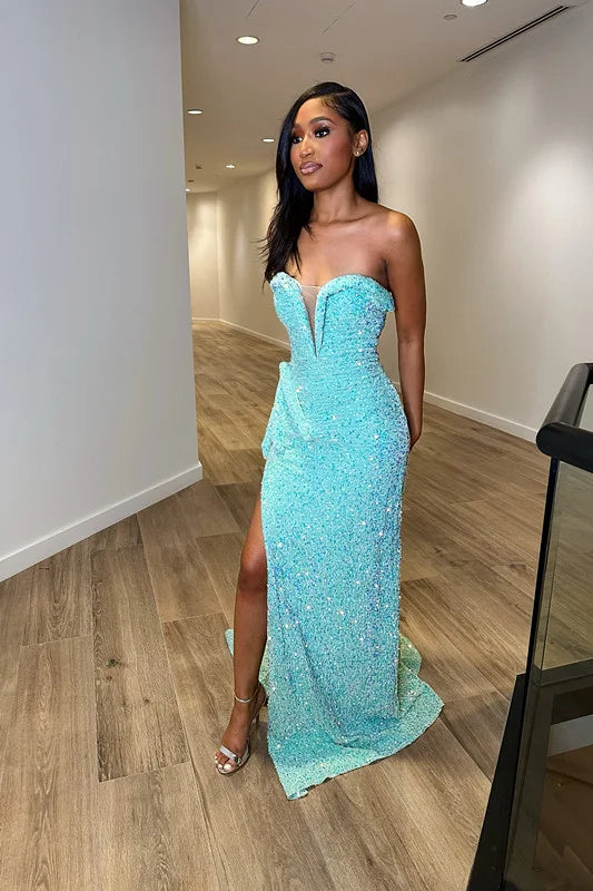 Evening Dress Sequins Baby Blue Slit Sleeveless Taping V Neck