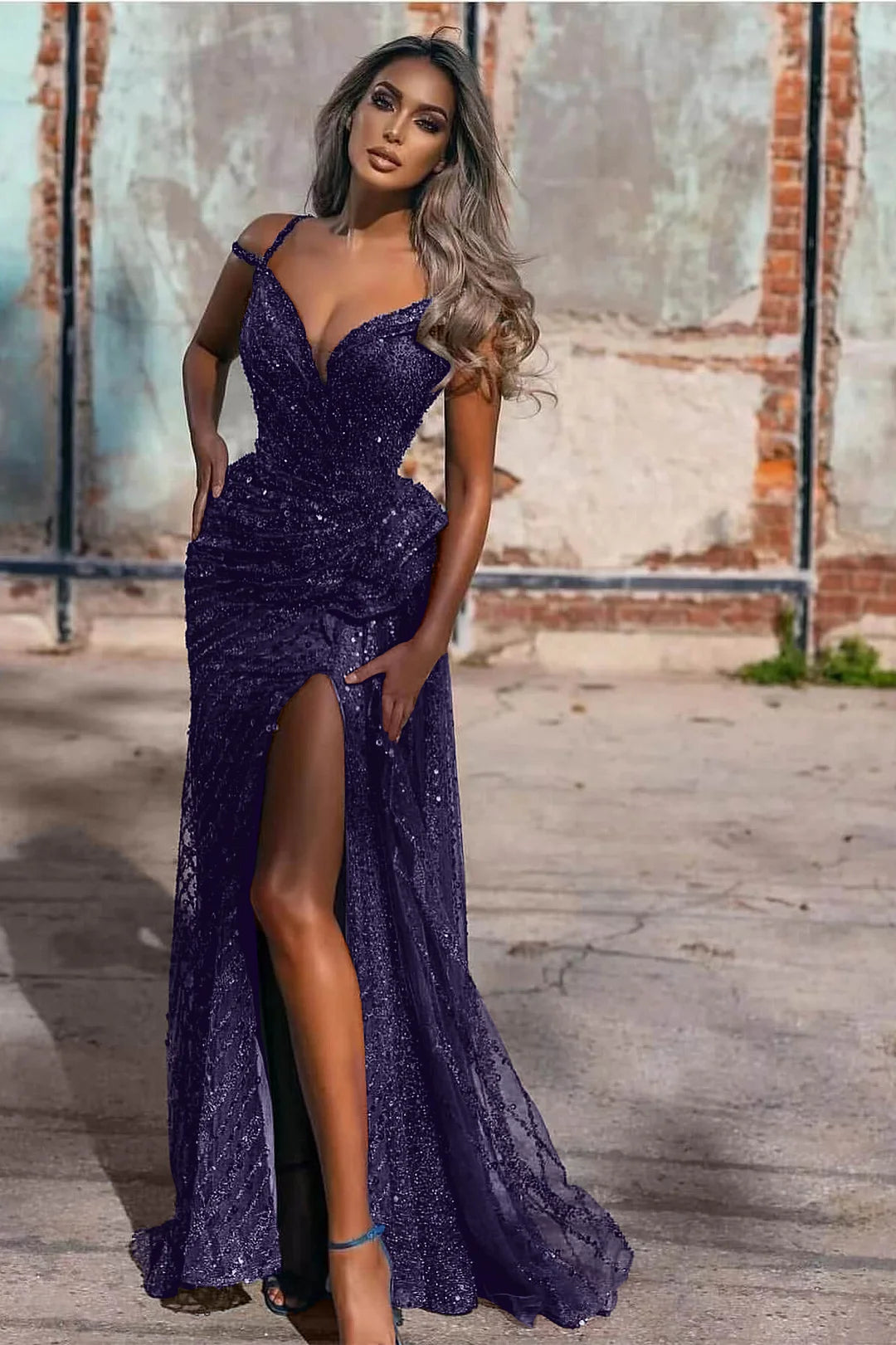 Off-The-Shoulder Sequins Evening Dress Split Mermaid