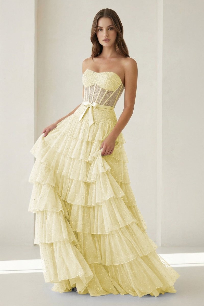 Black-White Strapless A Line Tulle Ruffled Formal Prom Dresses With Beading
