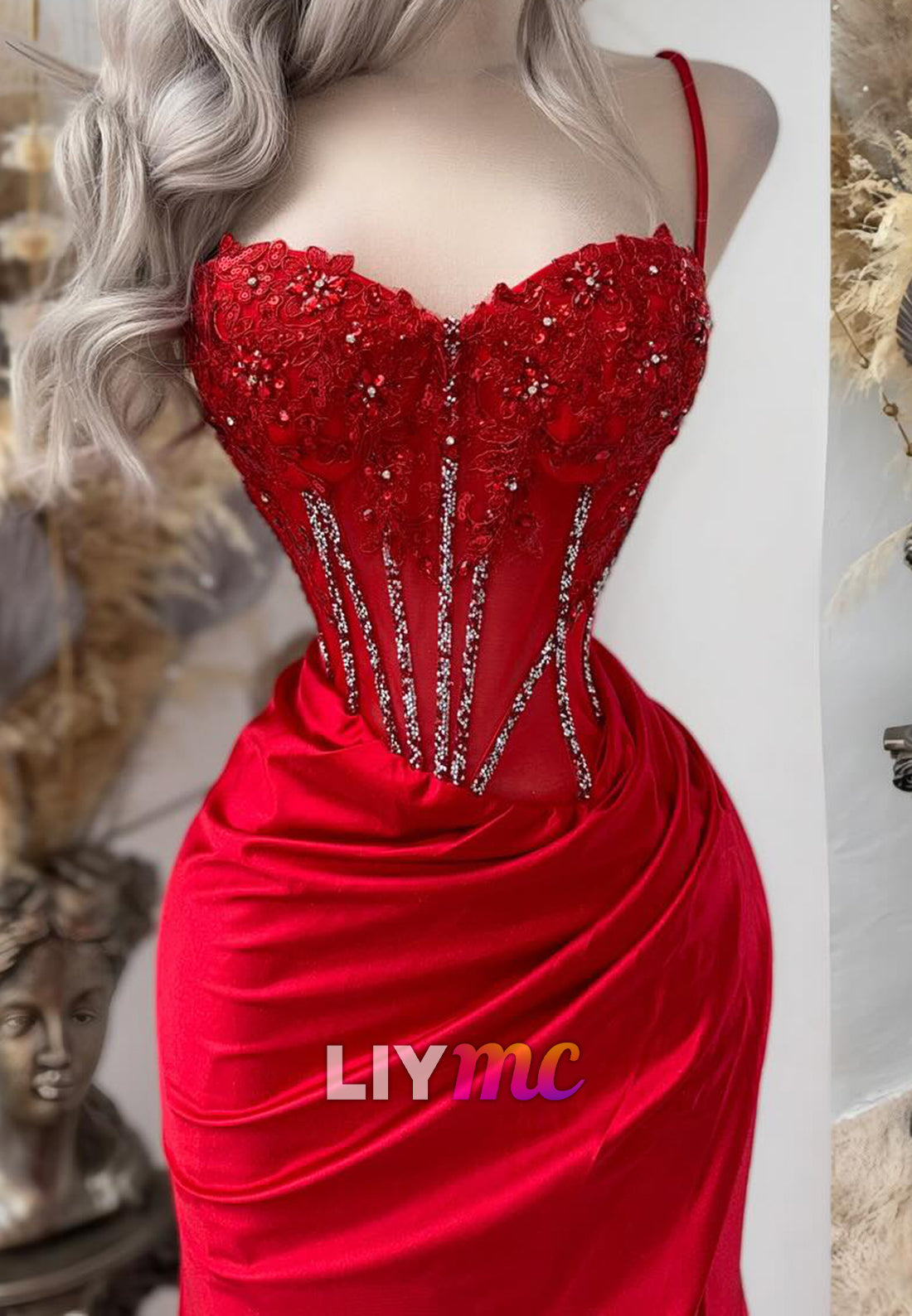 Sweetheart Spaghetti Straps Appliques Pleated Sheath Prom Dress