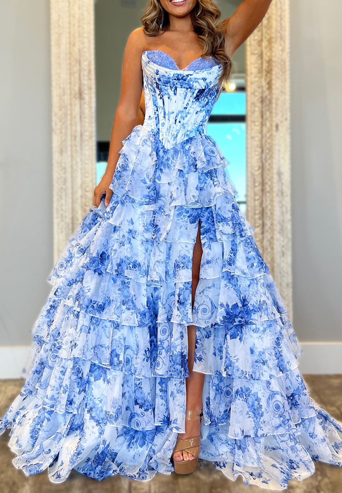 Sweetheart Sleeveless Floral Tiered A-Line Prom Dress