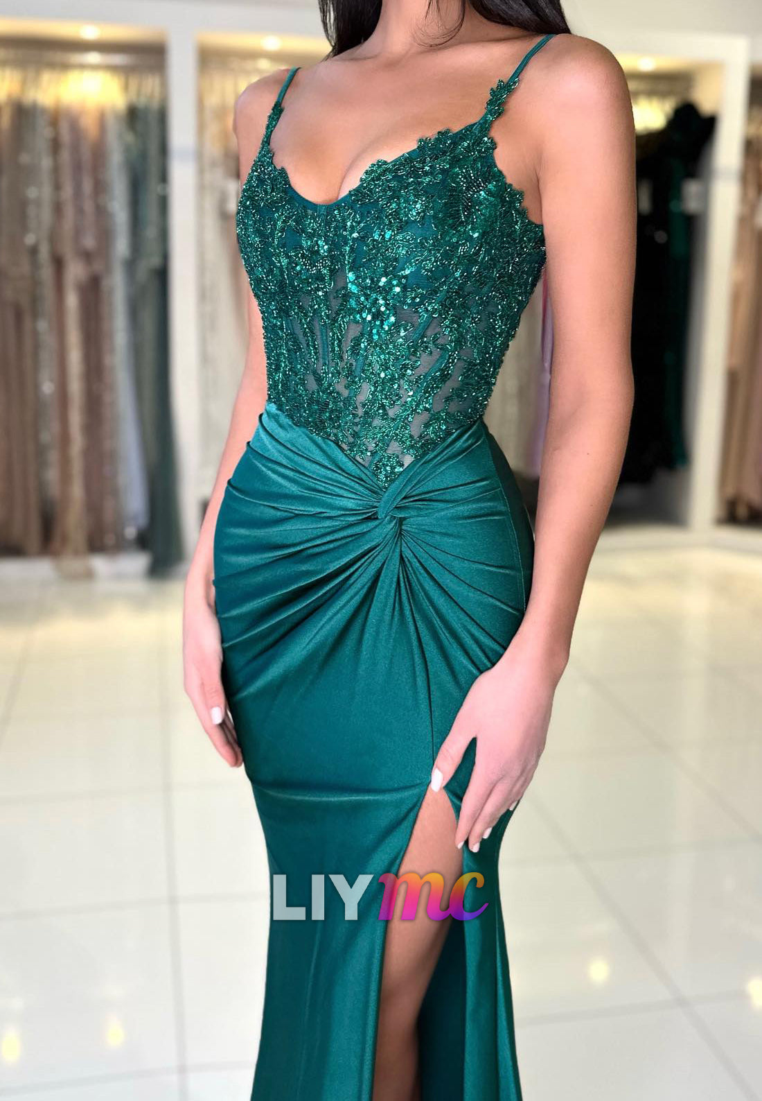 V-Neck Spaghetti Straps Appliques Sequins Ruched Mermaid Prom Dress