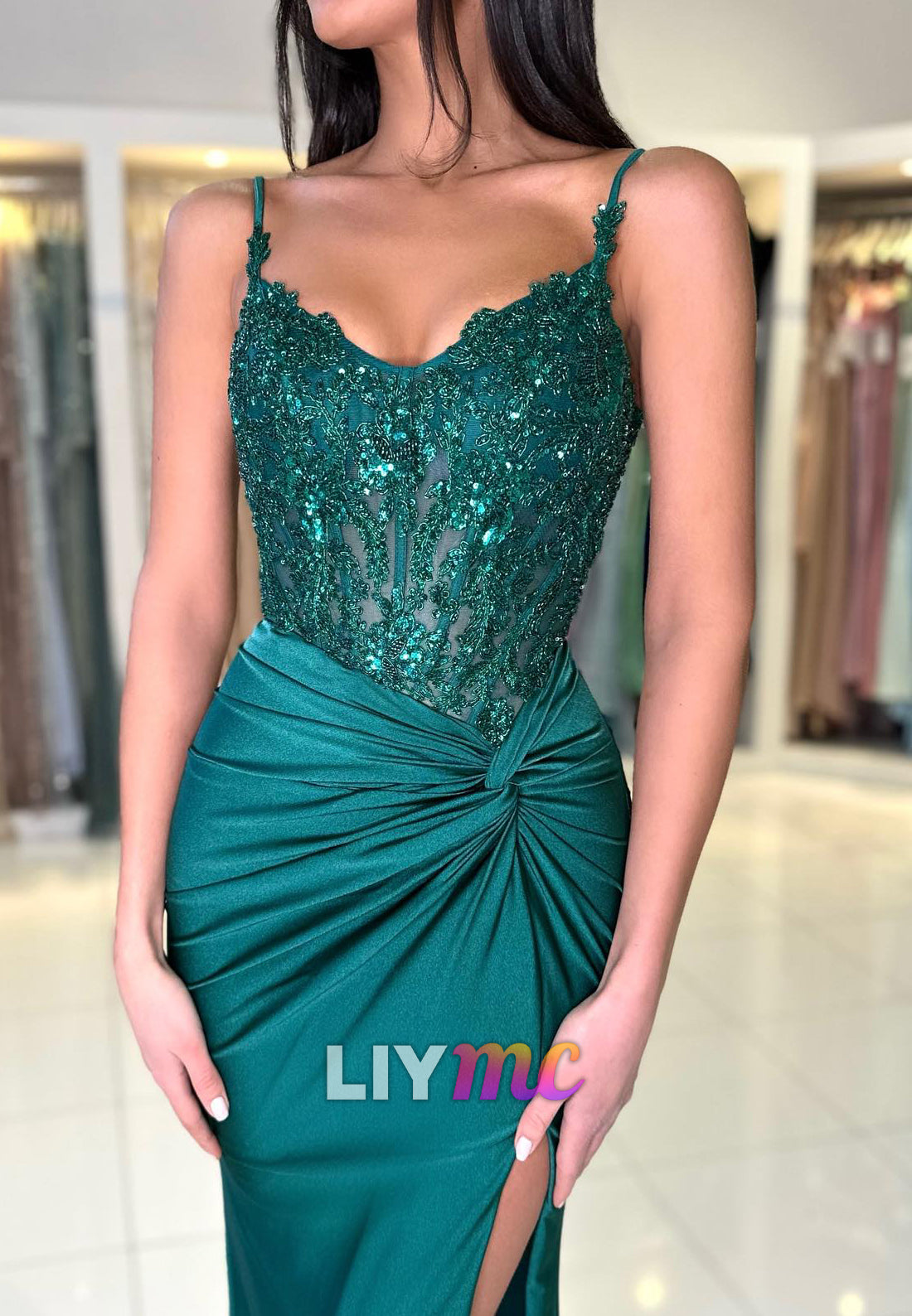 V-Neck Spaghetti Straps Appliques Sequins Ruched Mermaid Prom Dress