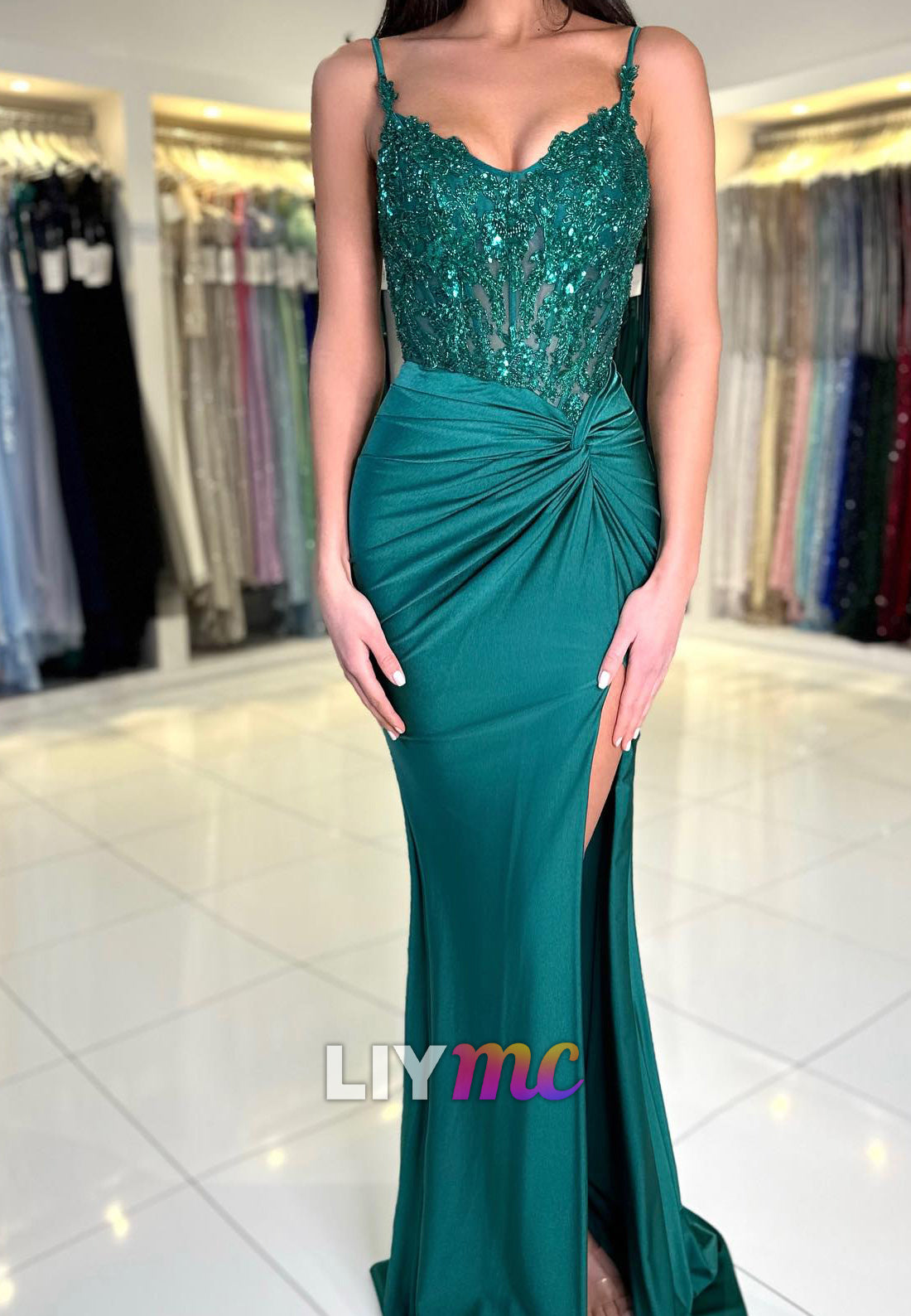 V-Neck Spaghetti Straps Appliques Sequins Ruched Mermaid Prom Dress