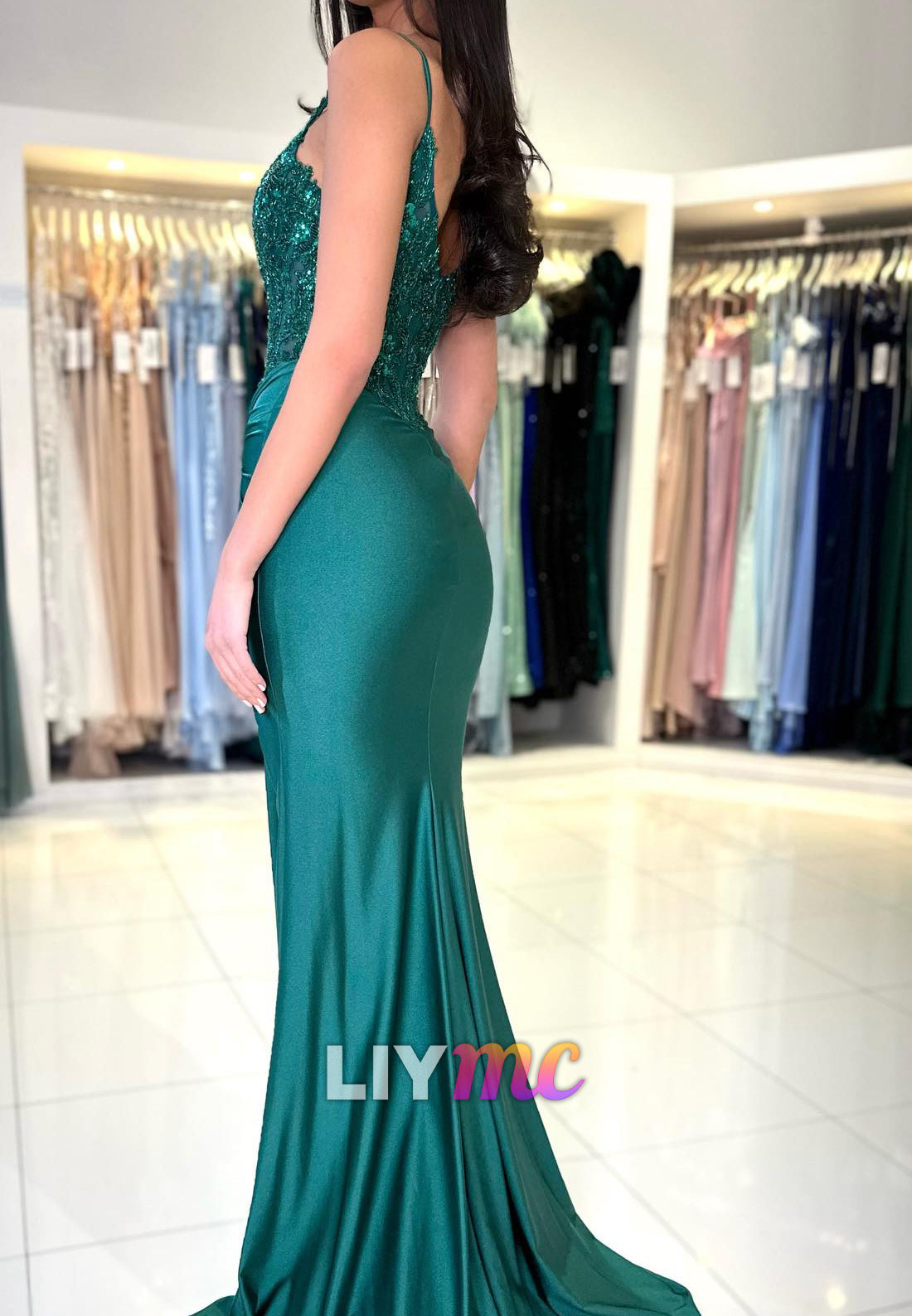 V-Neck Spaghetti Straps Appliques Sequins Ruched Mermaid Prom Dress