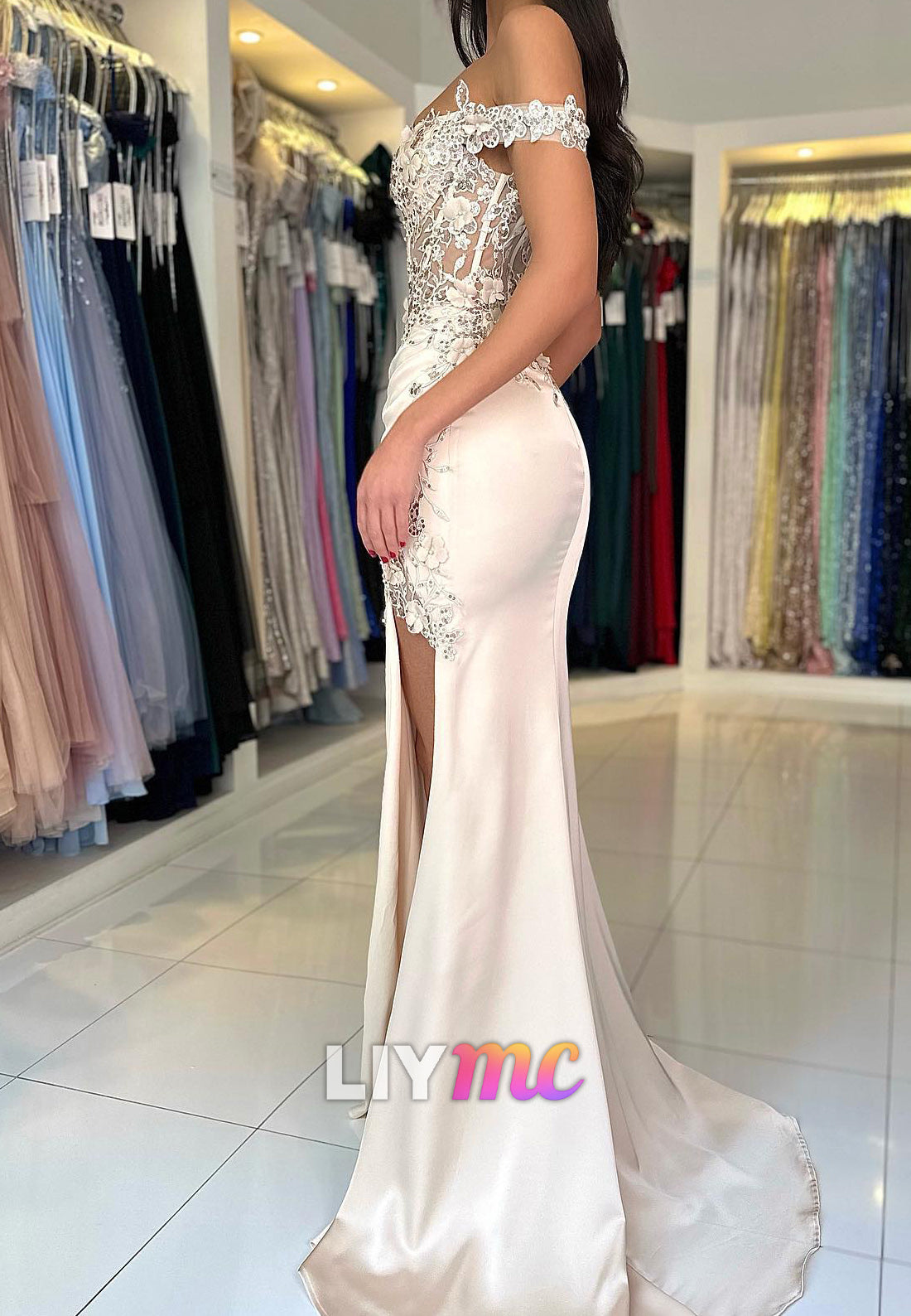 Off-Shoulder Lace Appliques Side Slit Mermaid Prom Dress