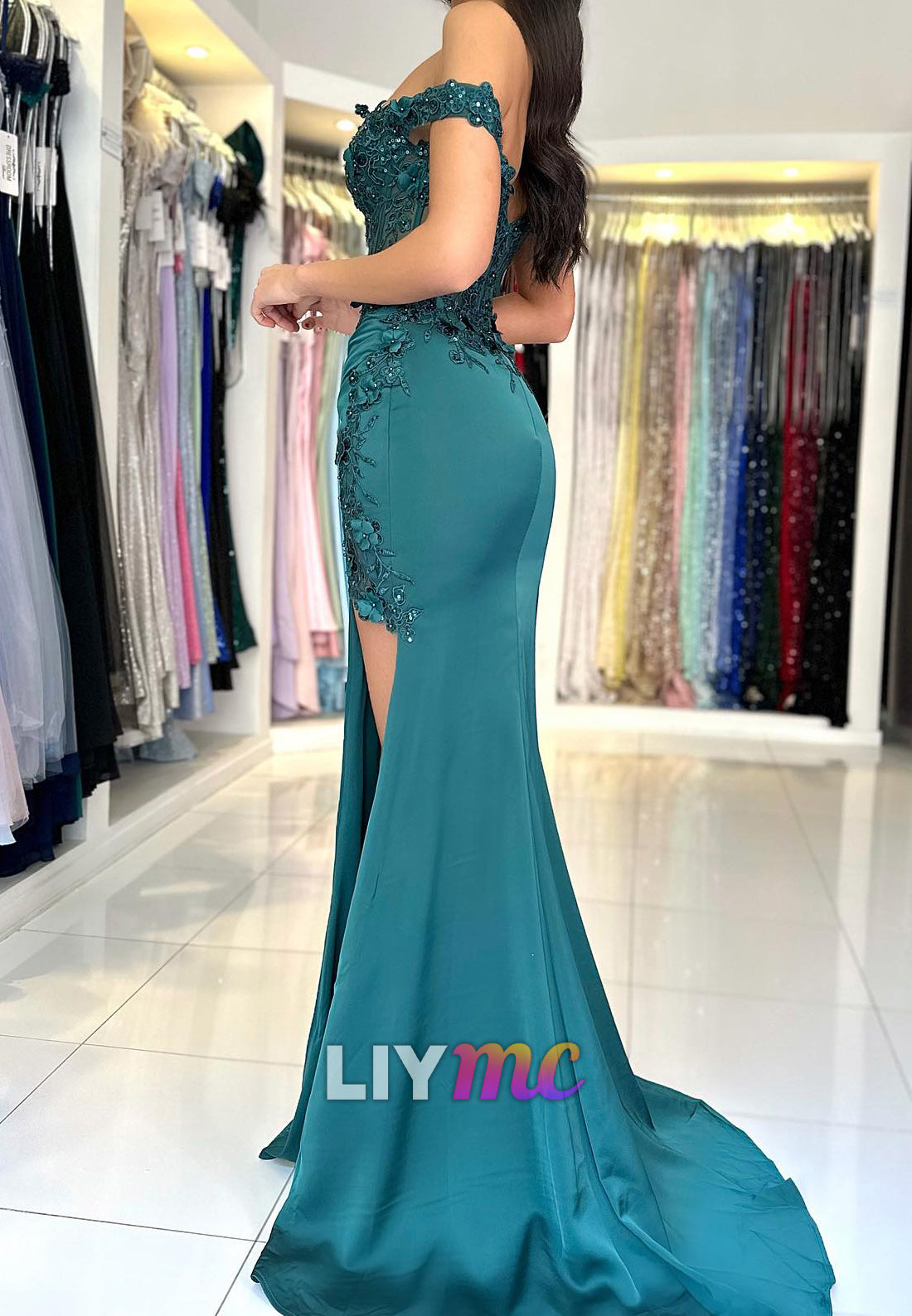 Off-Shoulder Lace Appliques Side Slit Mermaid Prom Dress