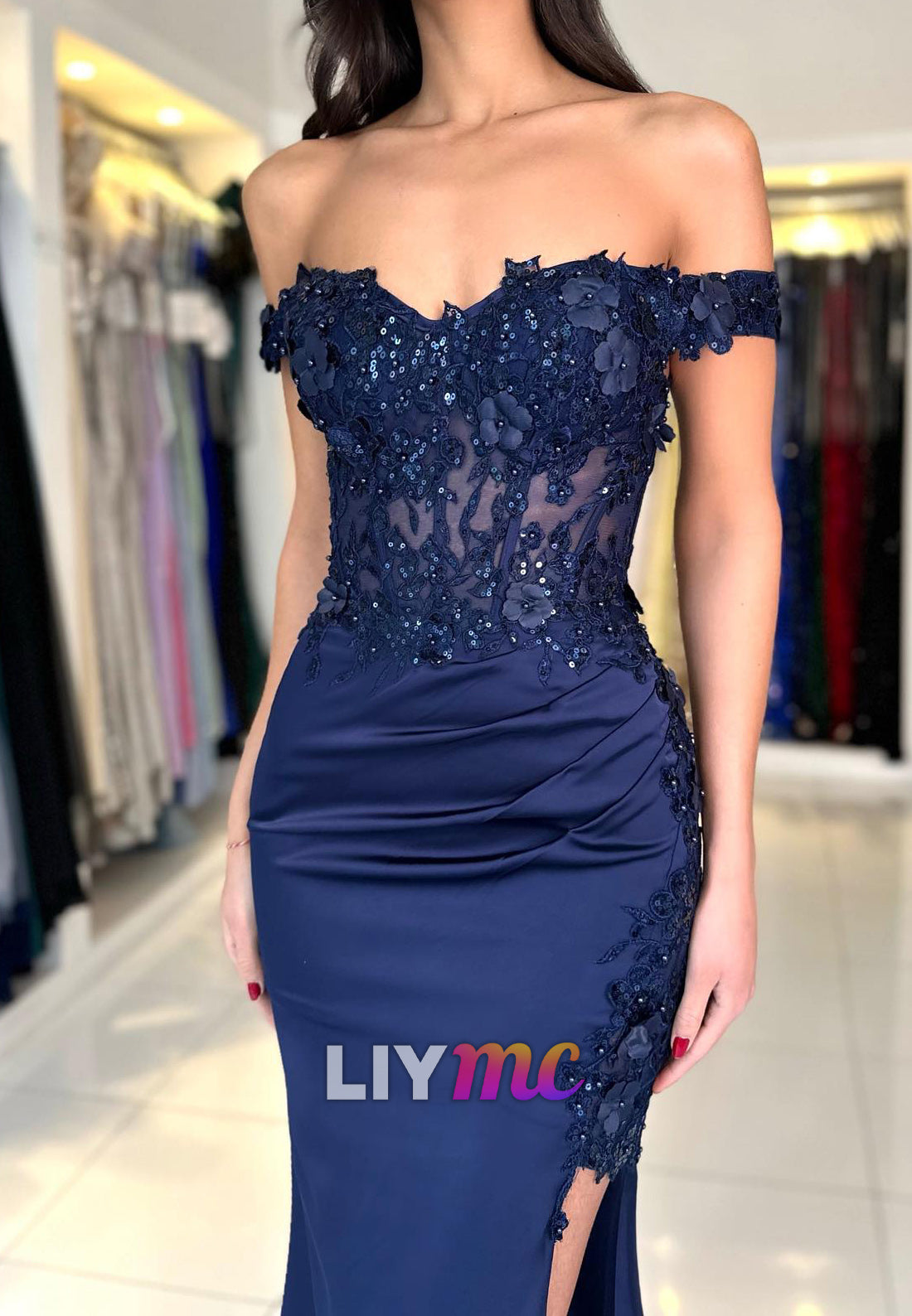 Off-Shoulder Lace Appliques Side Slit Mermaid Prom Dress